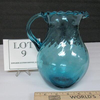 Mid Century Teal Colored Pitcher, Ruffled Rim, Tiny Bubbles Throughout, Pontil