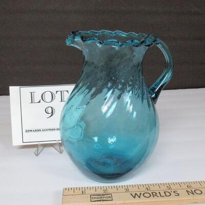 Mid Century Teal Colored Pitcher, Ruffled Rim, Tiny Bubbles Throughout, Pontil