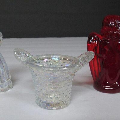 Older Glass Girl Figurine, Carnival Glass Toothpick Holder and Red Angel