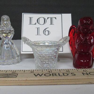 Older Glass Girl Figurine, Carnival Glass Toothpick Holder and Red Angel