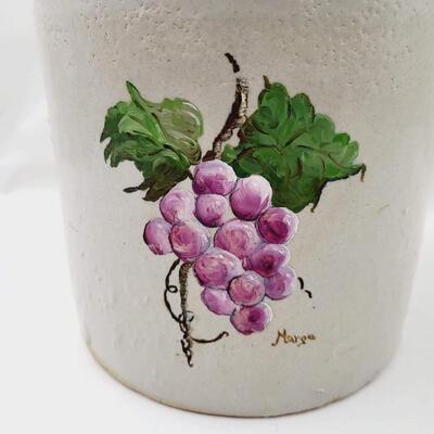 HAND PAINTED POTTERY CROCK JUG W/ GRAPES - SIGNED â€œMARGEâ€