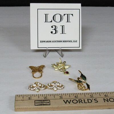 Lot of Contemporary Rhinestone and Metal Pins, Sarah Coventry Butterfly, Some Others Marked
