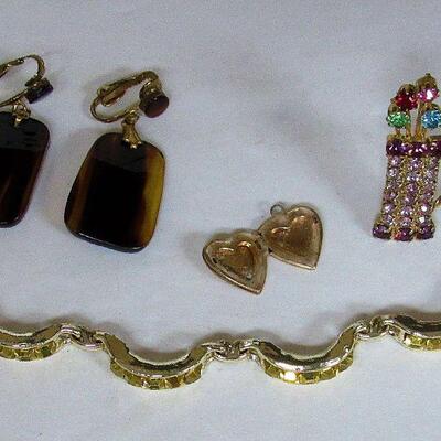 Mixed Lot of Costume Jewelry, Rhinestone Bracelet, Tiny Heart Locket, More