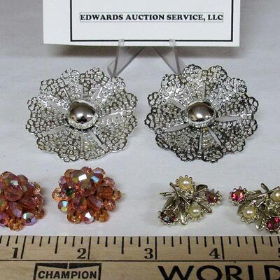 Large Lacy Earrings by SAC, and Vintage Rhinestone Earrings Lot