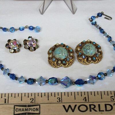 Vingtage Jewelry Lot, Small Rhinestone Earrings by Kramer, Stone Earrings by Florenza, Blue Necklace