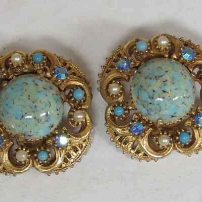 Vingtage Jewelry Lot, Small Rhinestone Earrings by Kramer, Stone Earrings by Florenza, Blue Necklace