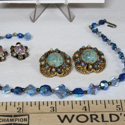 Vingtage Jewelry Lot, Small Rhinestone Earrings by Kramer, Stone Earrings by Florenza, Blue Necklace