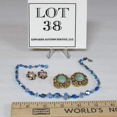 Vingtage Jewelry Lot, Small Rhinestone Earrings by Kramer, Stone Earrings by Florenza, Blue Necklace