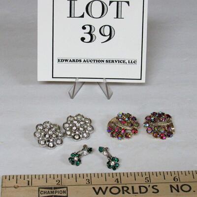 Vintage Rhinestone Earrings Lot, Trifari Clear Flowers, Unmarked Multi and Green Pairs