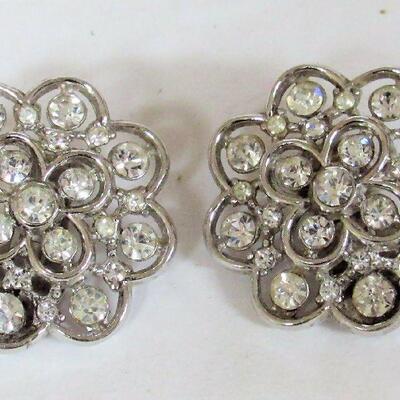 Vintage Rhinestone Earrings Lot, Trifari Clear Flowers, Unmarked Multi and Green Pairs