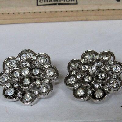 Vintage Rhinestone Earrings Lot, Trifari Clear Flowers, Unmarked Multi and Green Pairs