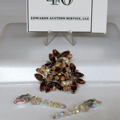 Nice Vintage Louis Segal of Cal Earrings and Pretty Rhinestone Pin