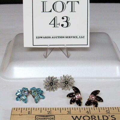Beautiful Weiss Blue Rhinestone Earrings, Sterling Silver Floral Earrings and Purple Rhinestone Earrings