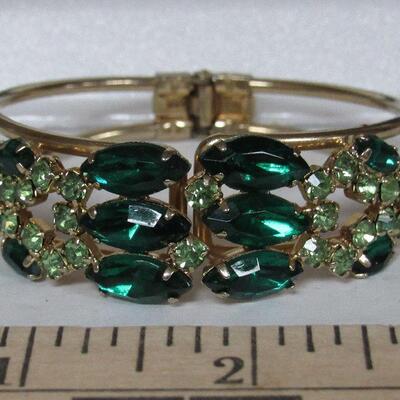 Vintage Green  Rhinestone Cuff Bracelet, Goldtone