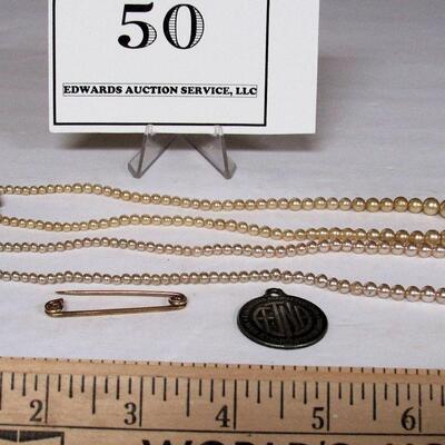 Vintage Jewelry Lot: Kremetz Tie Pin, Faux Pearl Necklaces, Aetna Life Ins Medallion