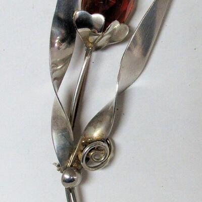 Sterling Floral Pin With Faceted Rhinestone