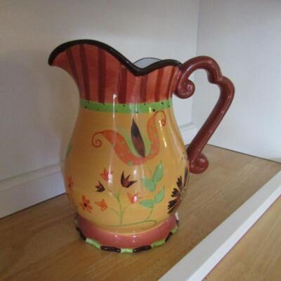 Hand Painted Ceramic Pitcher- Flowers and Stripes