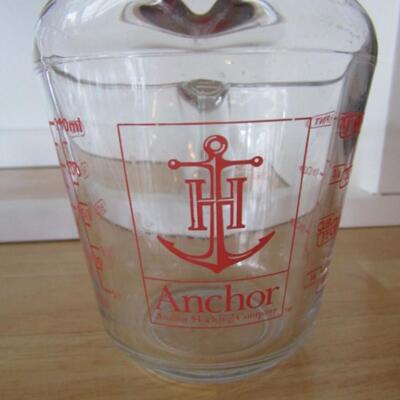 Three Glass Measuring Cups- Pyrex: Quart and Pint Sizes.  Anchor Hocking: Half Pint Size