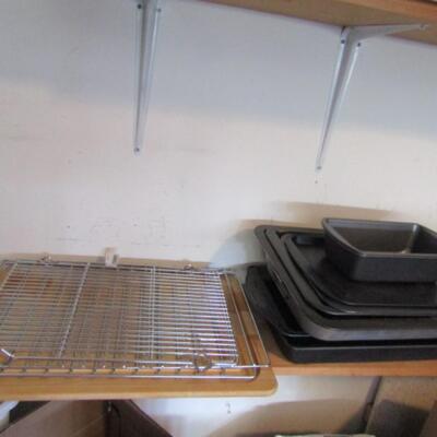 Assortment of Bake Ware- Pans, Cooling Racks, Wooden Cutting Board