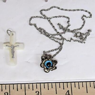 Vintage Mother of Pearl Cross Pendant and Sterling Eye In Flower Pendant on Silver Tone Necklace