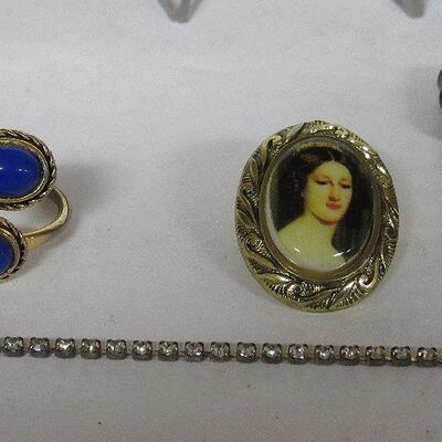 Vintage Germany Portrait Pin, Copper Colored Face Pin, Blue Stone Costume Ring