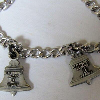 Sterling Bracelet With Sterling Bell Systems Charms, 2 Yr and 3 Yr Attendance