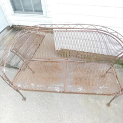 Vintage Wrought Metal and Mesh Outdoor Patio Bench