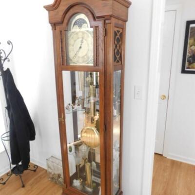 Ridgeway Grandfather Clock with Brass Pendulum and Weights Wood Cabinet with Glass Display Shelves