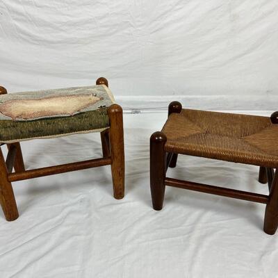 112 Two Small Rush Seat Stools with Tapestry