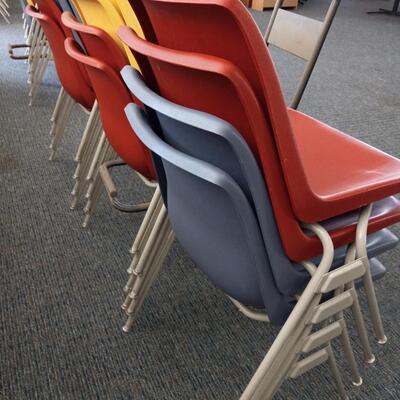 LOT 4W COLORFUL STACKABLE CHAIRS AND CHAIR MOVER