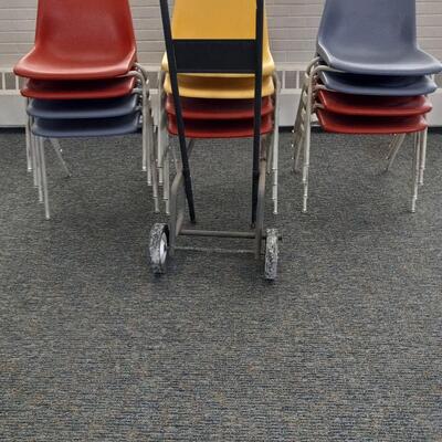 LOT 4W COLORFUL STACKABLE CHAIRS AND CHAIR MOVER