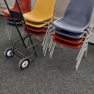 LOT 4W COLORFUL STACKABLE CHAIRS AND CHAIR MOVER