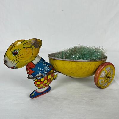 132 Vintage Tin Lithographed Toy Bunny Pulling Egg cart