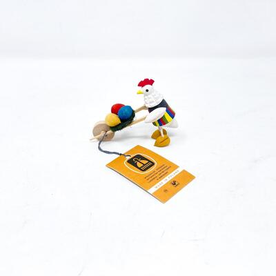 MINI POLISH FOLK ART WOODEN CHICKEN W/ WHEELBARROW