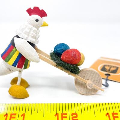 MINI POLISH FOLK ART WOODEN CHICKEN W/ WHEELBARROW