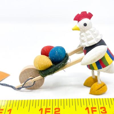 MINI POLISH FOLK ART WOODEN CHICKEN W/ WHEELBARROW