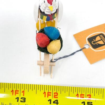 MINI POLISH FOLK ART WOODEN CHICKEN W/ WHEELBARROW