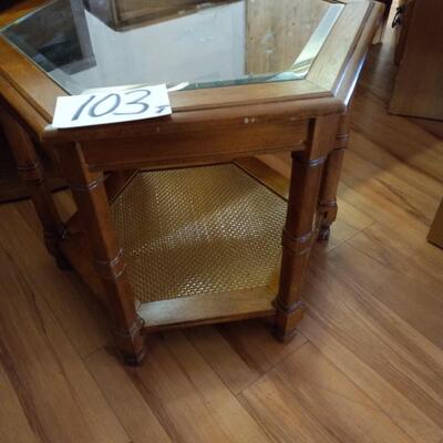 LOT 103T  ARM CHAIR AND GLASS TOP SIDE TABLE