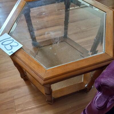 LOT 103T  ARM CHAIR AND GLASS TOP SIDE TABLE