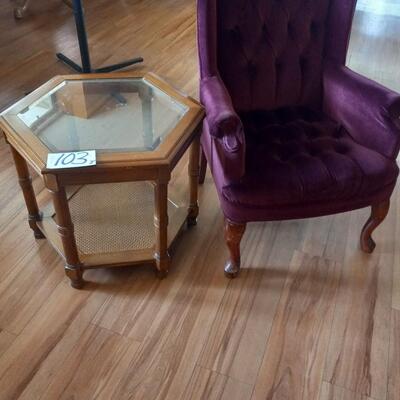 LOT 103T  ARM CHAIR AND GLASS TOP SIDE TABLE