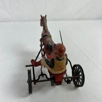 146  Vintage Tin Wind up Horse Drawn Sulky Racing Toy