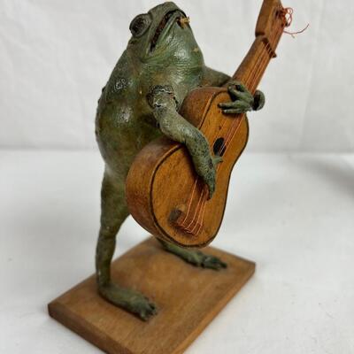 166  Vintage Taxidermy Band Frog & Decorative Canoe Model with Leather Trim
