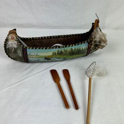 166  Vintage Taxidermy Band Frog & Decorative Canoe Model with Leather Trim