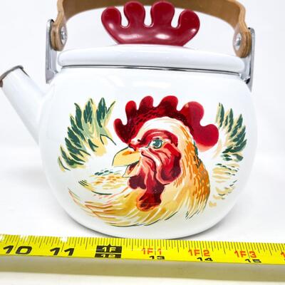 ENAMEL ROOSTER TEAPOT W/ WOODEN HANDLE