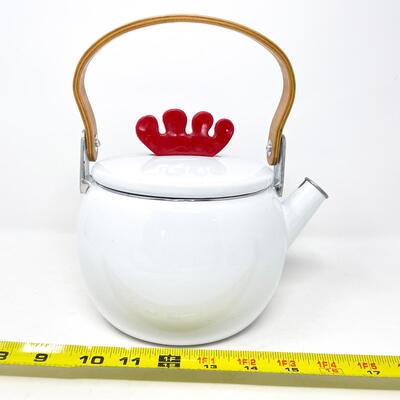 ENAMEL ROOSTER TEAPOT W/ WOODEN HANDLE