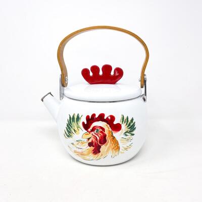 ENAMEL ROOSTER TEAPOT W/ WOODEN HANDLE