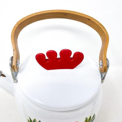 ENAMEL ROOSTER TEAPOT W/ WOODEN HANDLE