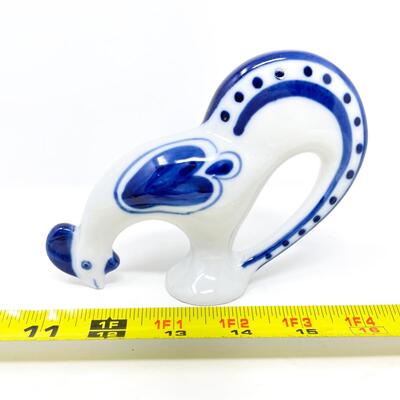 VINTAGE USSR HAND-PAINTED BLUE & WHITE ROOSTER PORCELAIN FIGURINE