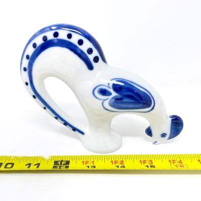 VINTAGE USSR HAND-PAINTED BLUE & WHITE ROOSTER PORCELAIN FIGURINE