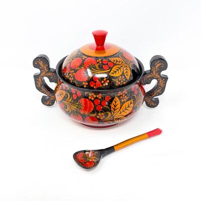 RUSSIAN KHOKHLOMA SMALL LIDDED POT W/ SPOON - WOODEN